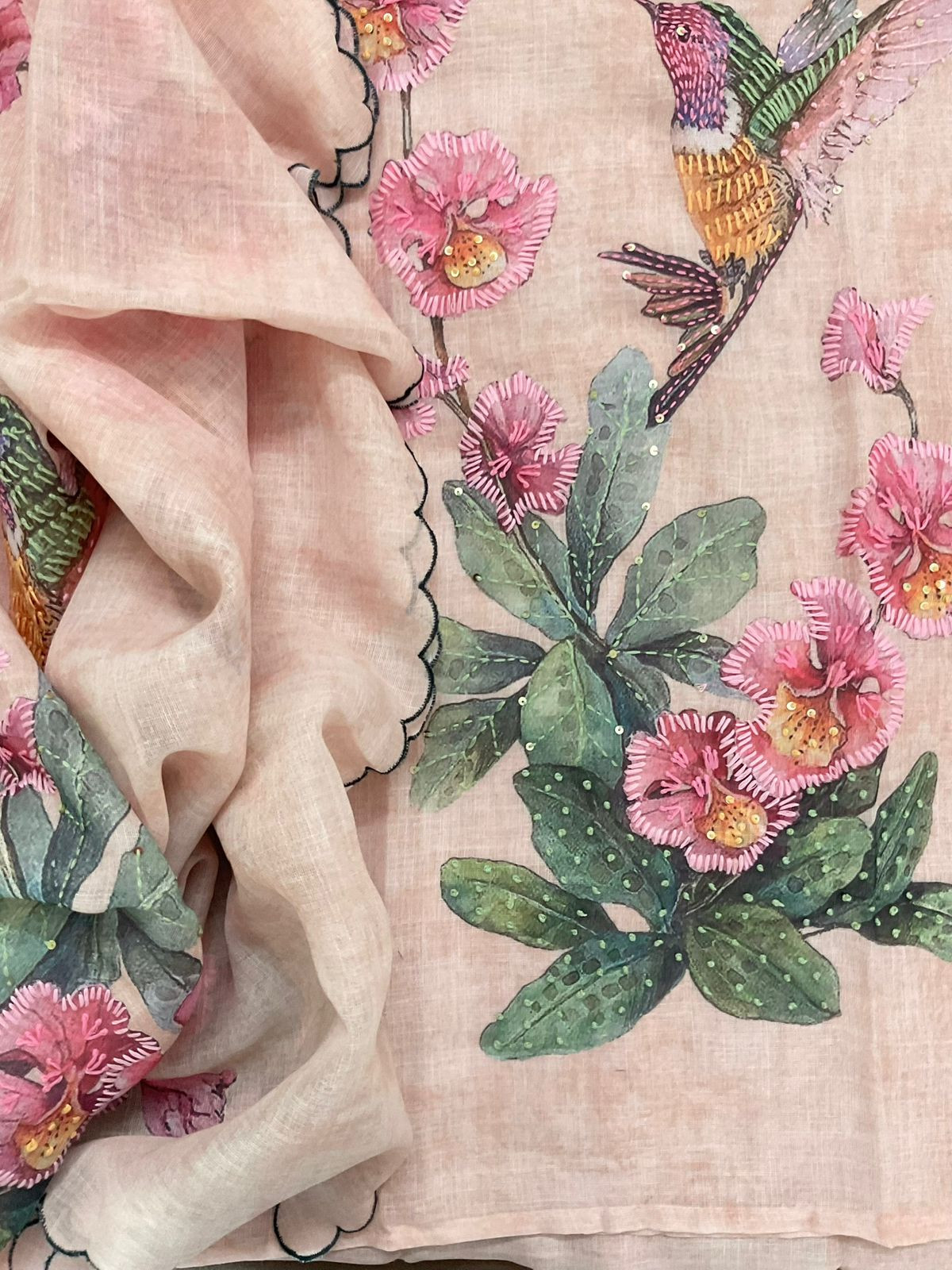 Soft Tissue Slub Cotton Printed Embroidered Suit - Peach