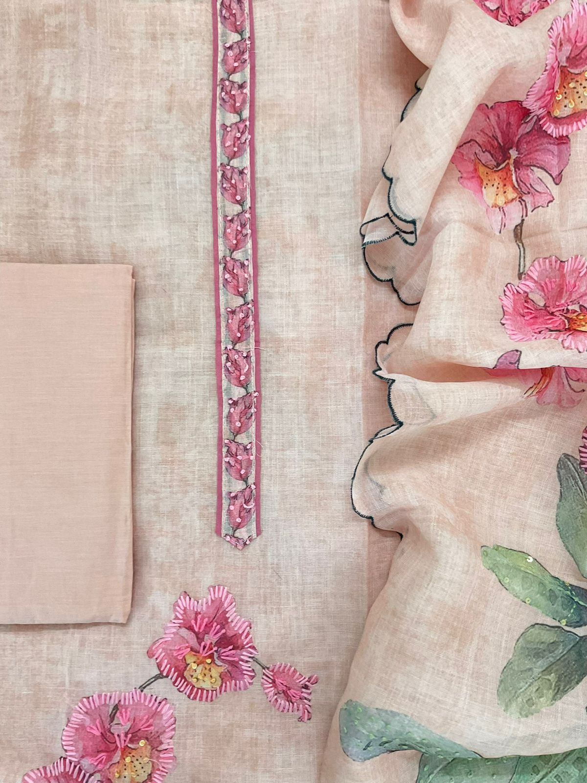 Soft Tissue Slub Cotton Printed Embroidered Suit - Peach