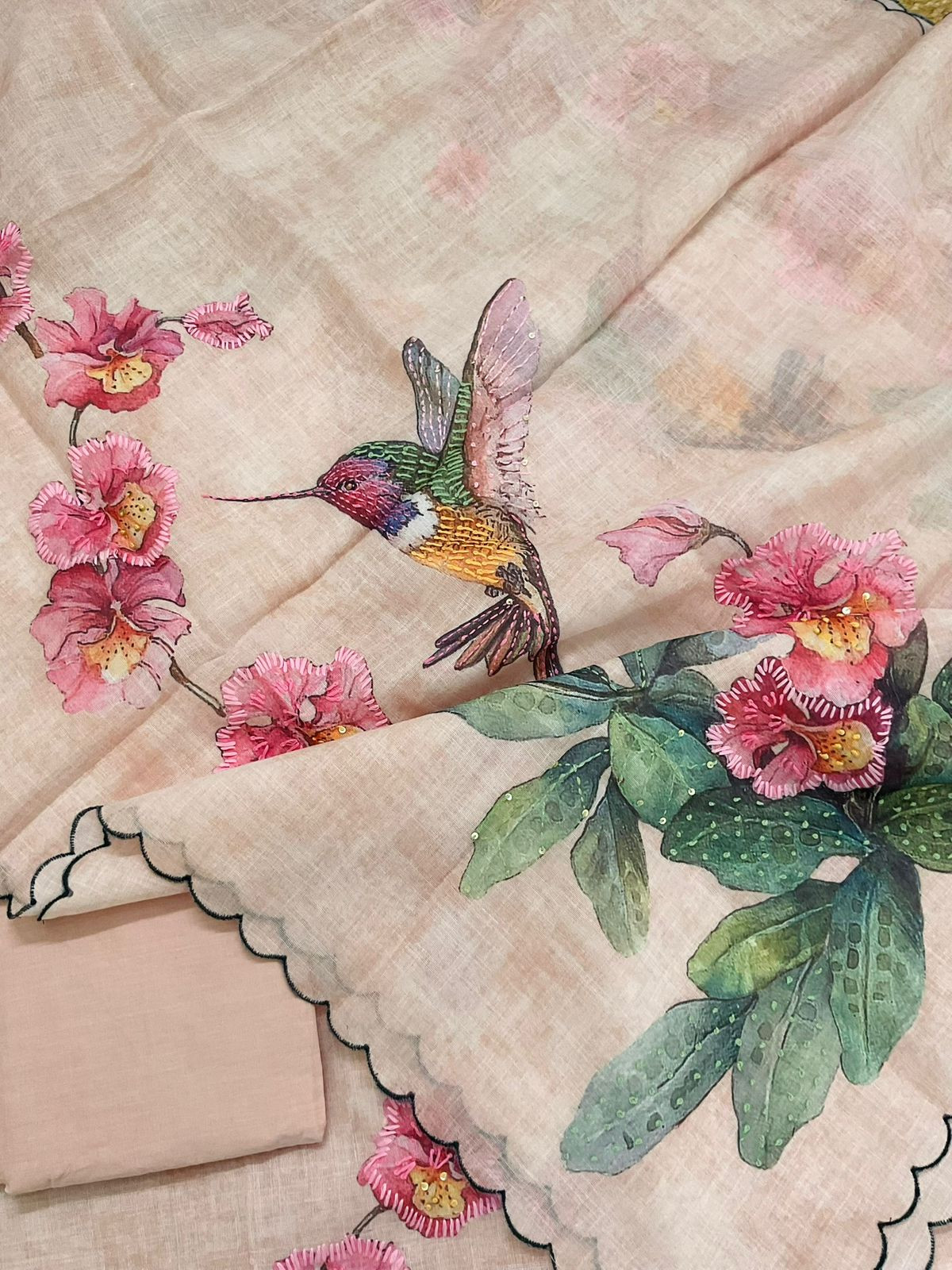 Soft Tissue Slub Cotton Printed Embroidered Suit - Peach