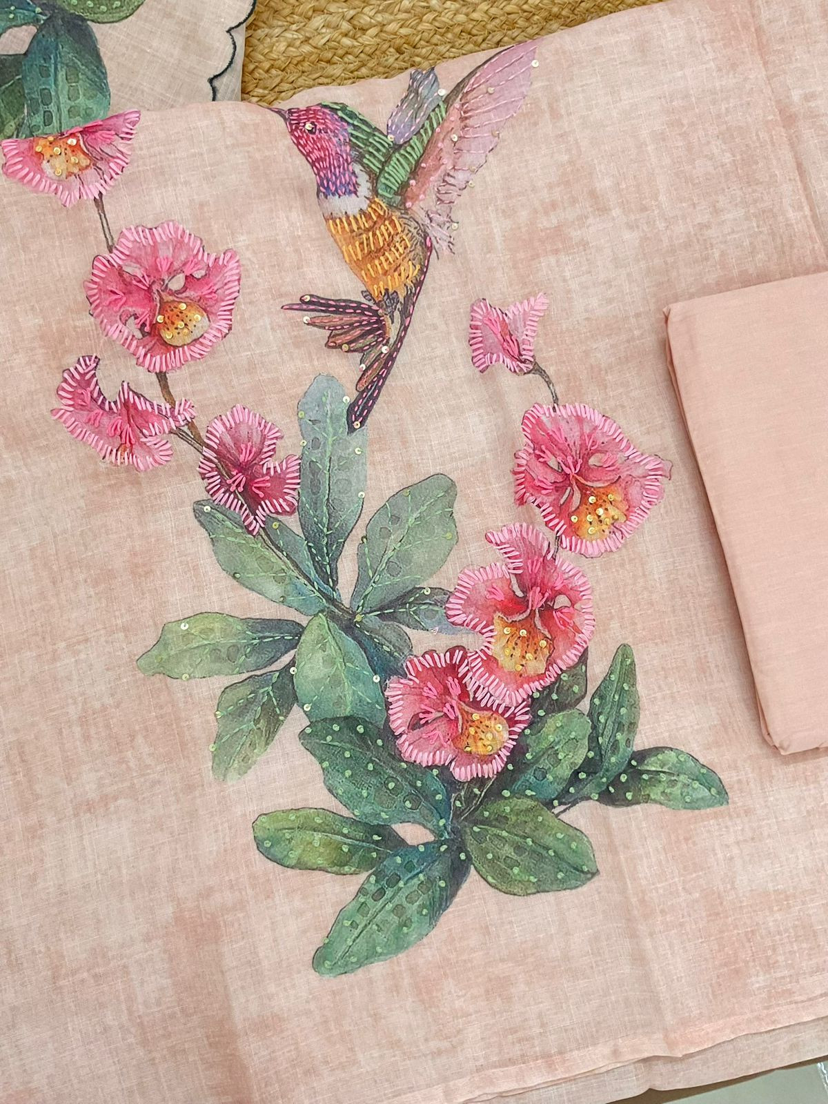 Soft Tissue Slub Cotton Printed Embroidered Suit - Peach