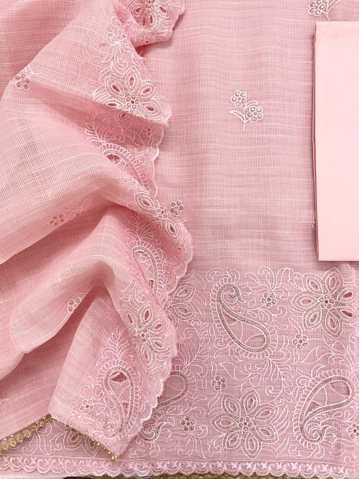 Soft Jute Kota Cotton Embroidered Suit - Pink