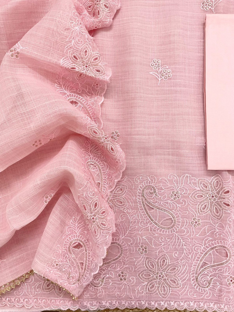 Image of Soft Jute Kota Cotton Embroidered Suit - Pink