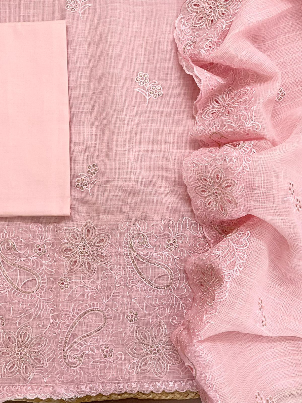 Soft Jute Kota Cotton Embroidered Suit - Pink