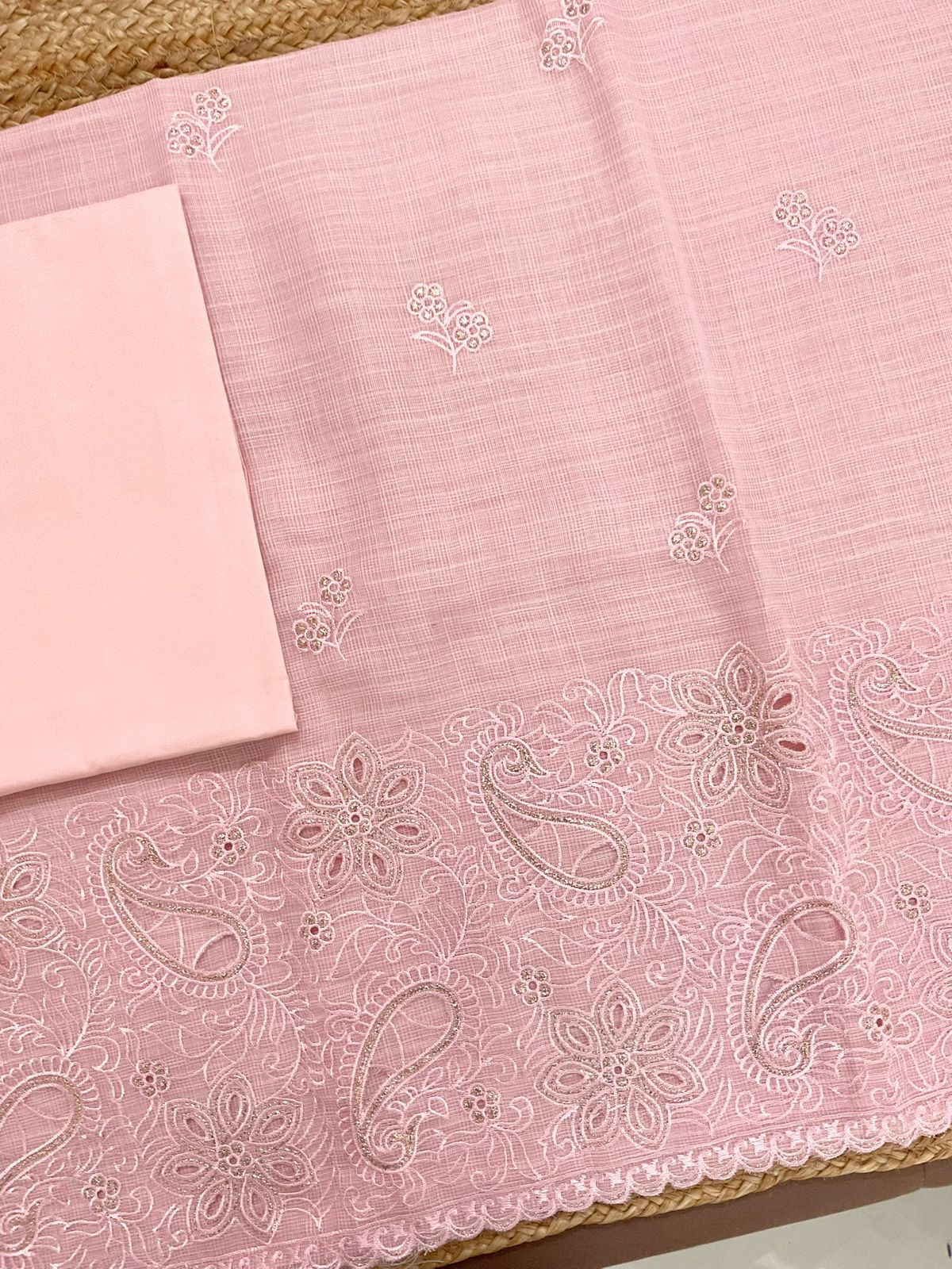 Soft Jute Kota Cotton Embroidered Suit - Pink