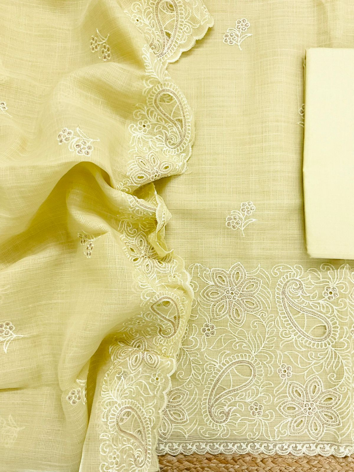 Soft Jute Kota Cotton Embroidered Suit - Yellow