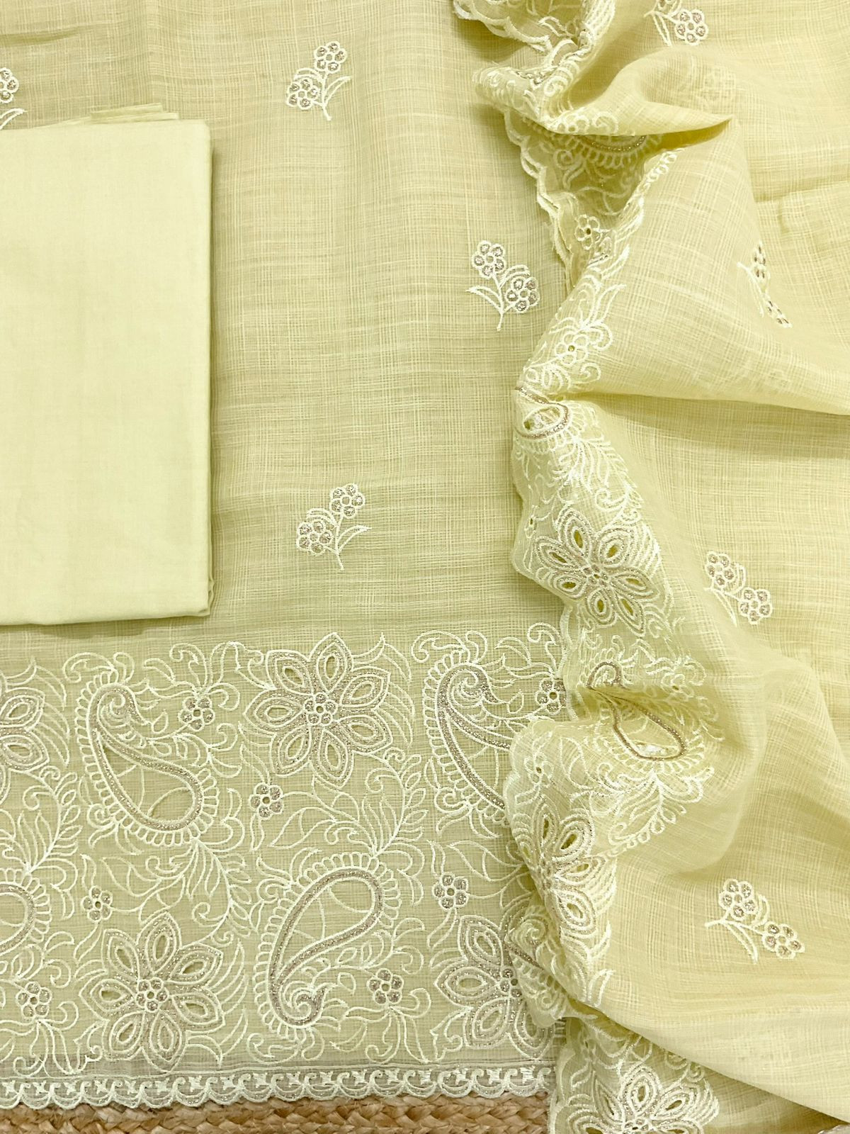 Soft Jute Kota Cotton Embroidered Suit - Yellow