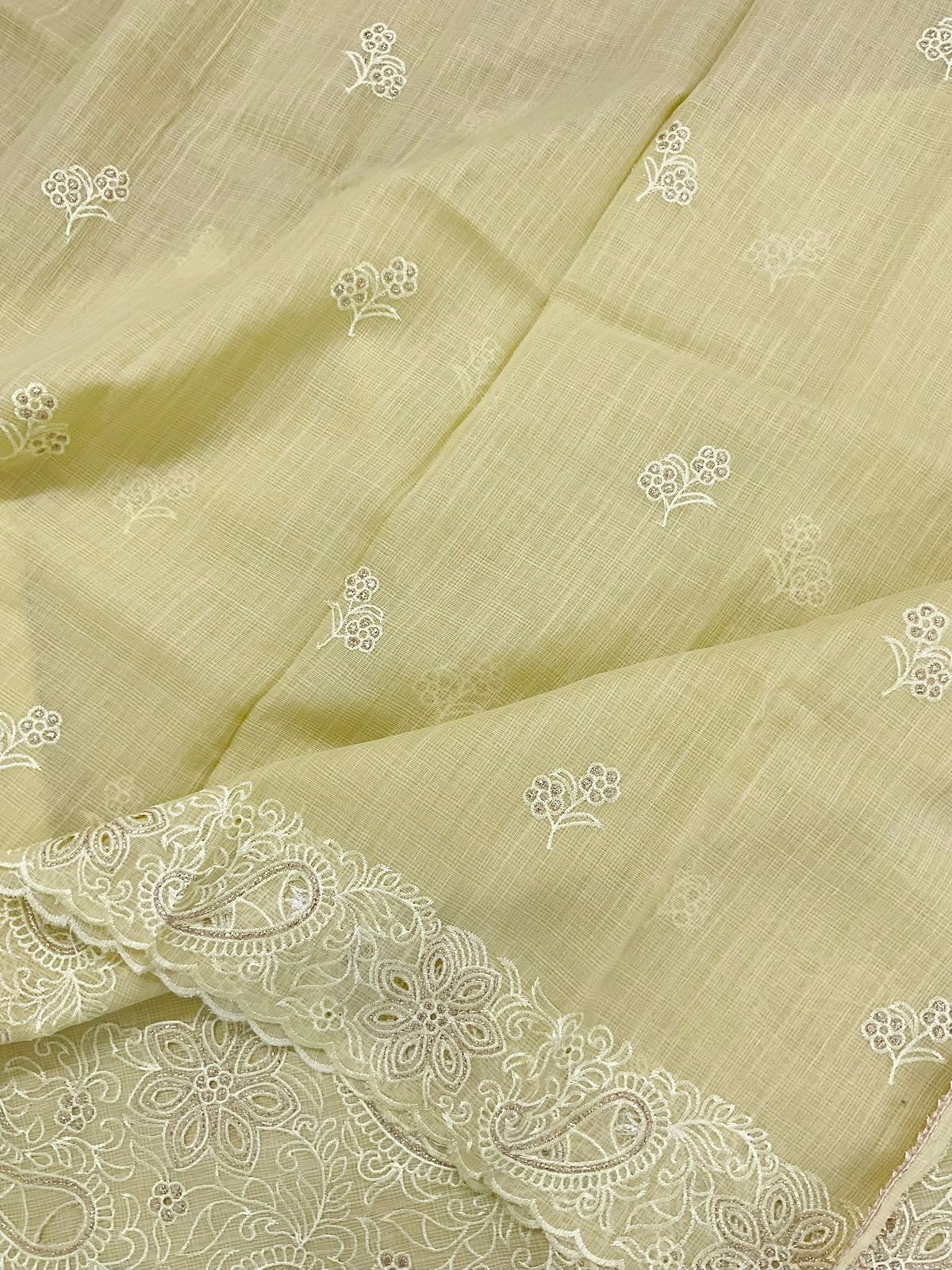 Soft Jute Kota Cotton Embroidered Suit - Yellow