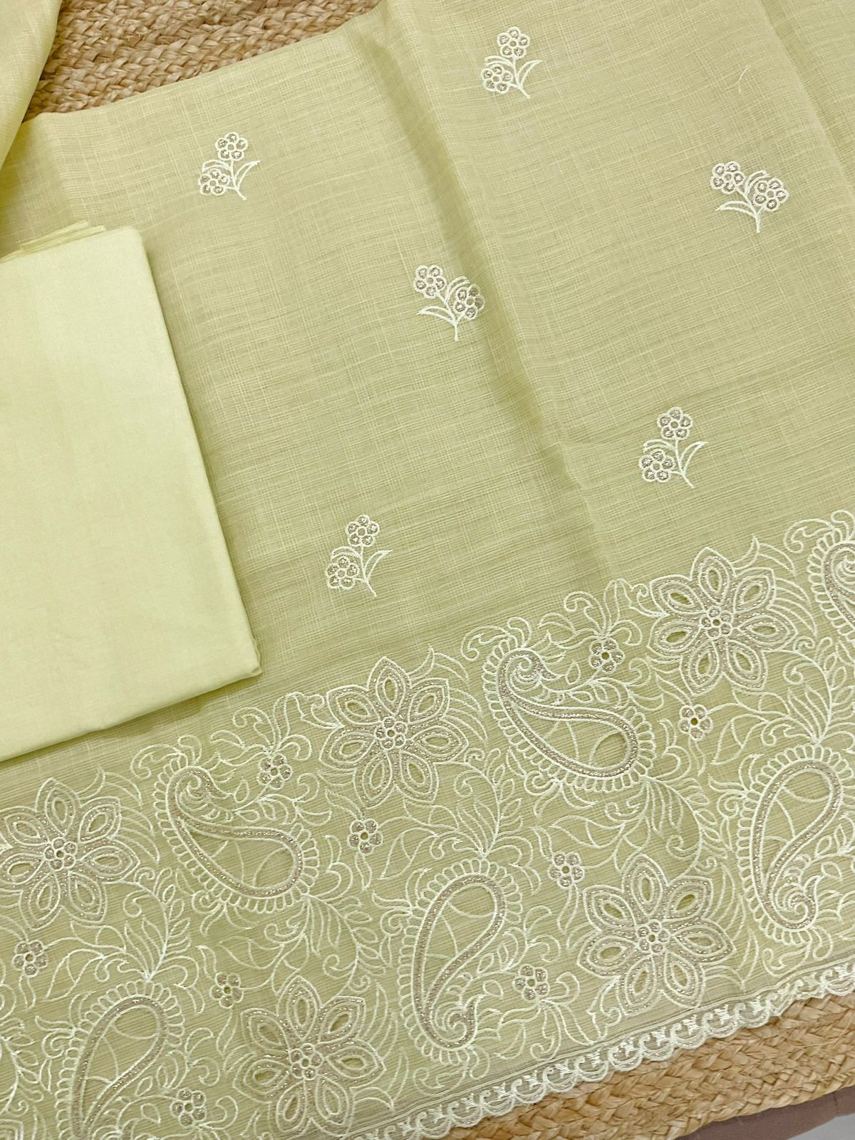 Soft Jute Kota Cotton Embroidered Suit - Yellow