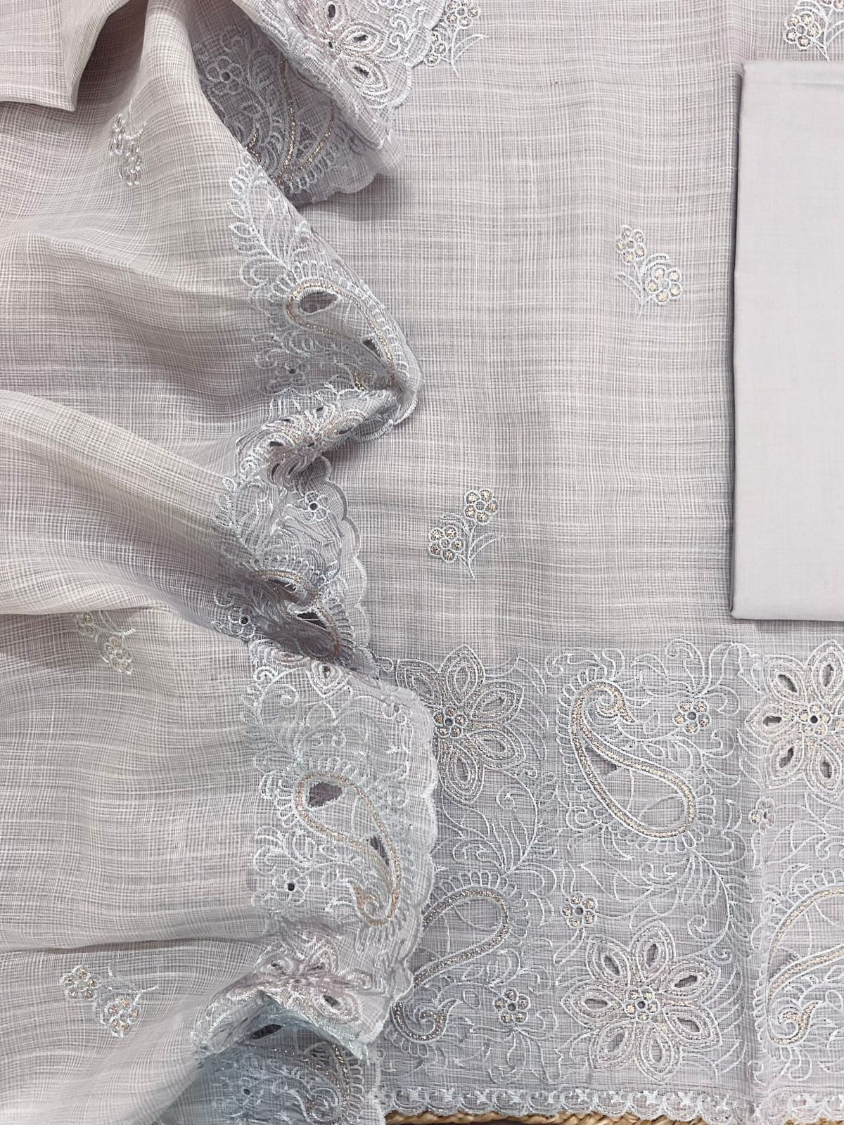 Soft Jute Kota Cotton Embroidered Suit - Lilac