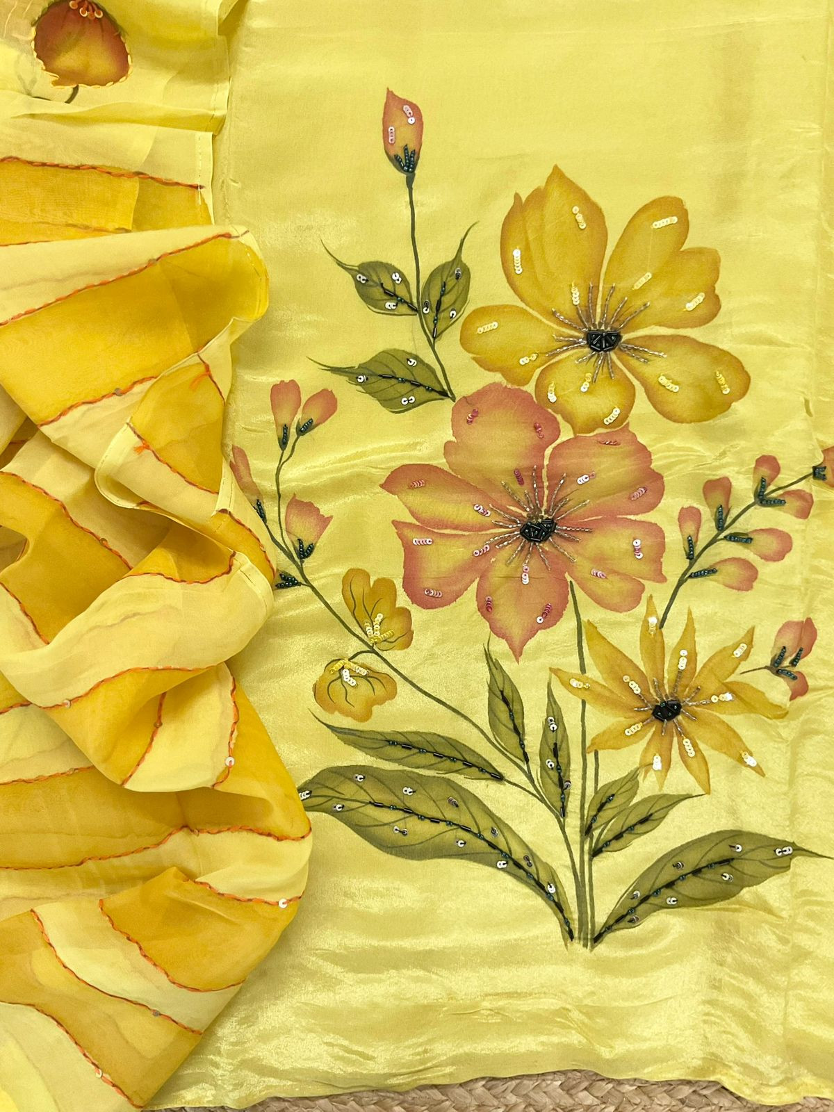 Pure Shimmer Silk Brush Painted Embroidered Suit - Yellow