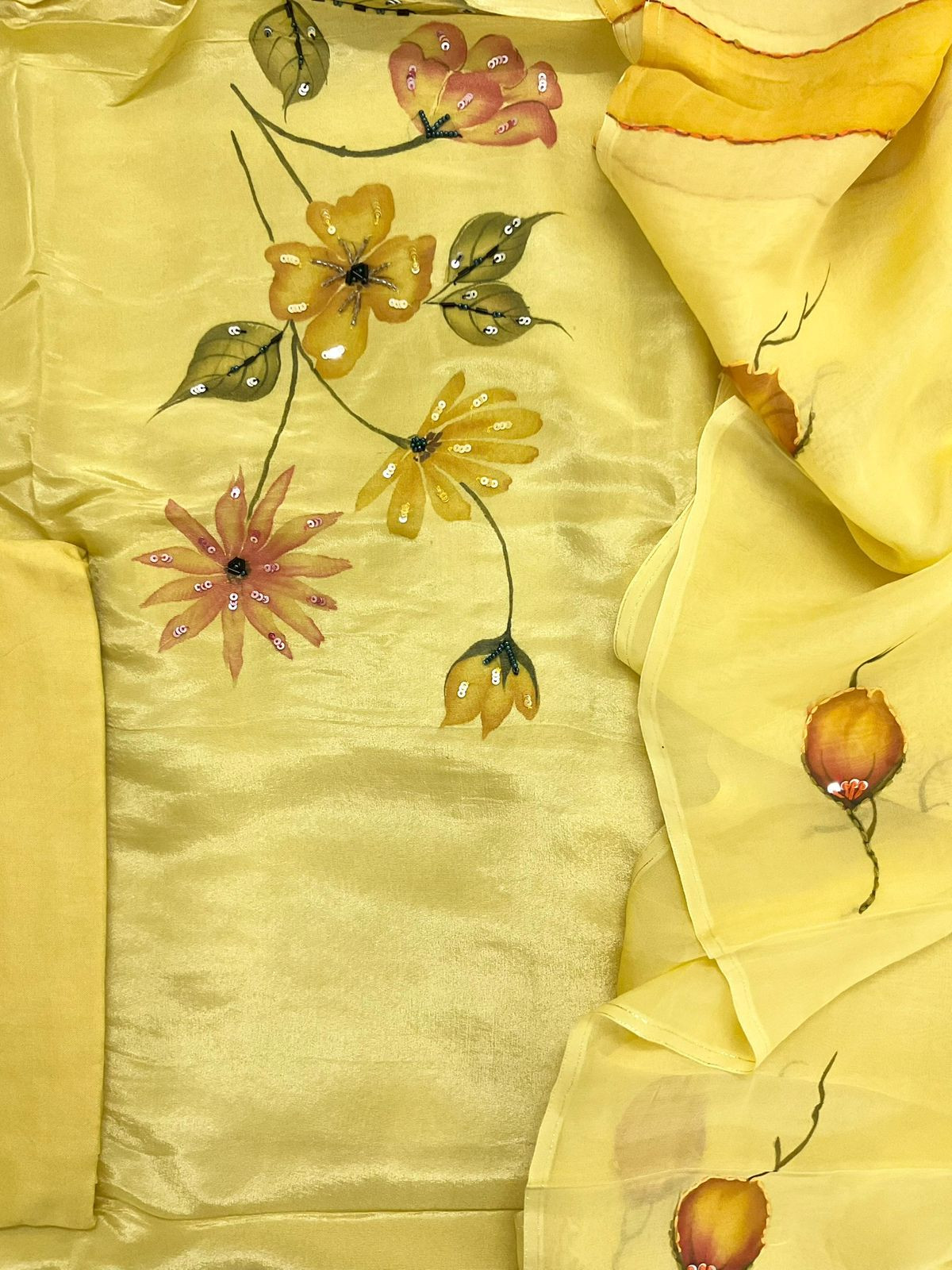 Pure Shimmer Silk Brush Painted Embroidered Suit - Yellow