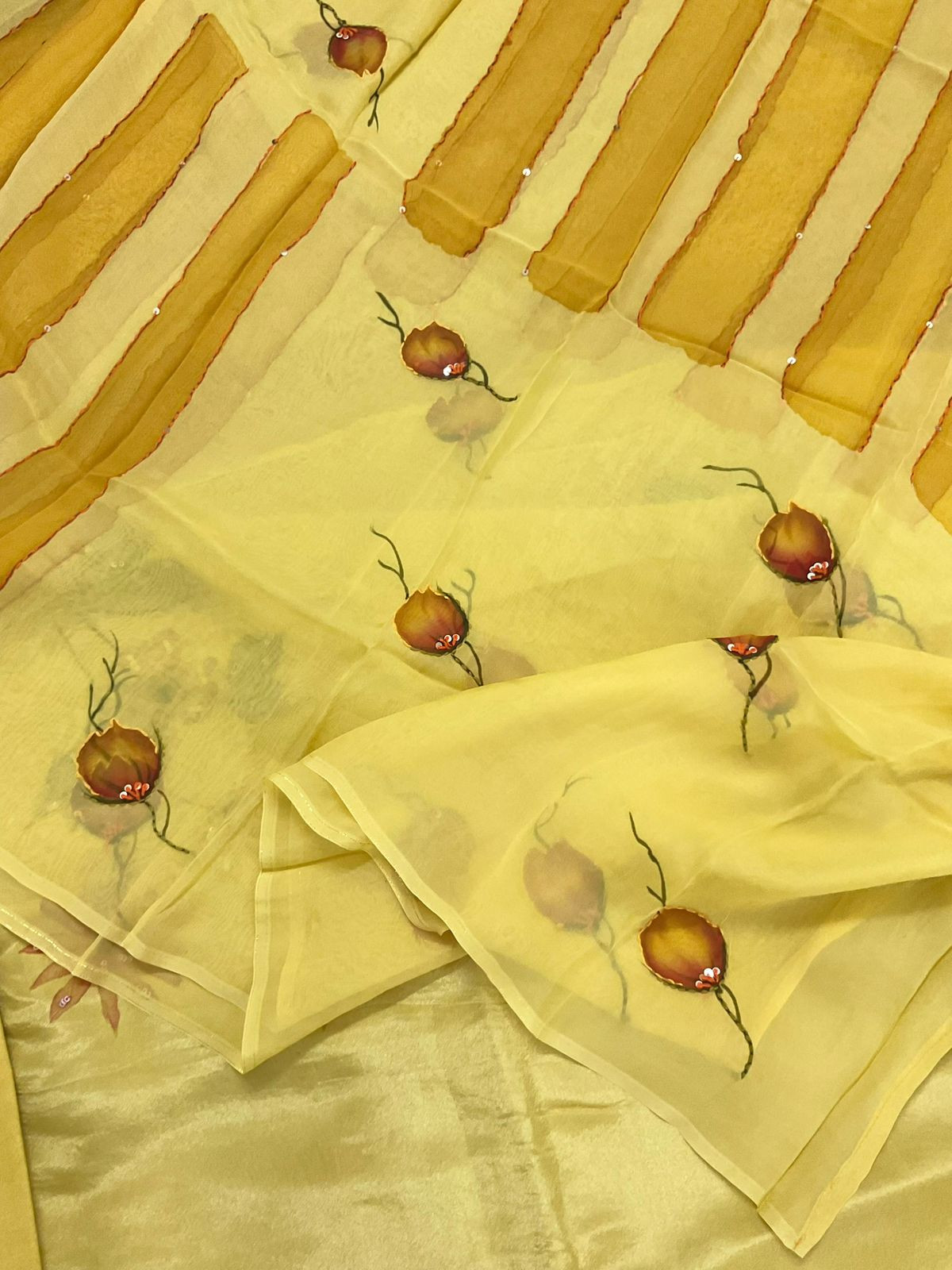 Pure Shimmer Silk Brush Painted Embroidered Suit - Yellow