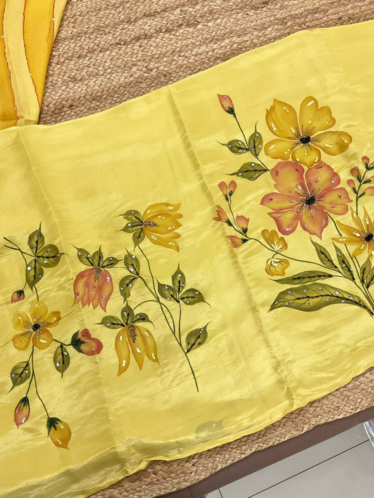 Pure Shimmer Silk Brush Painted Embroidered Suit - Yellow