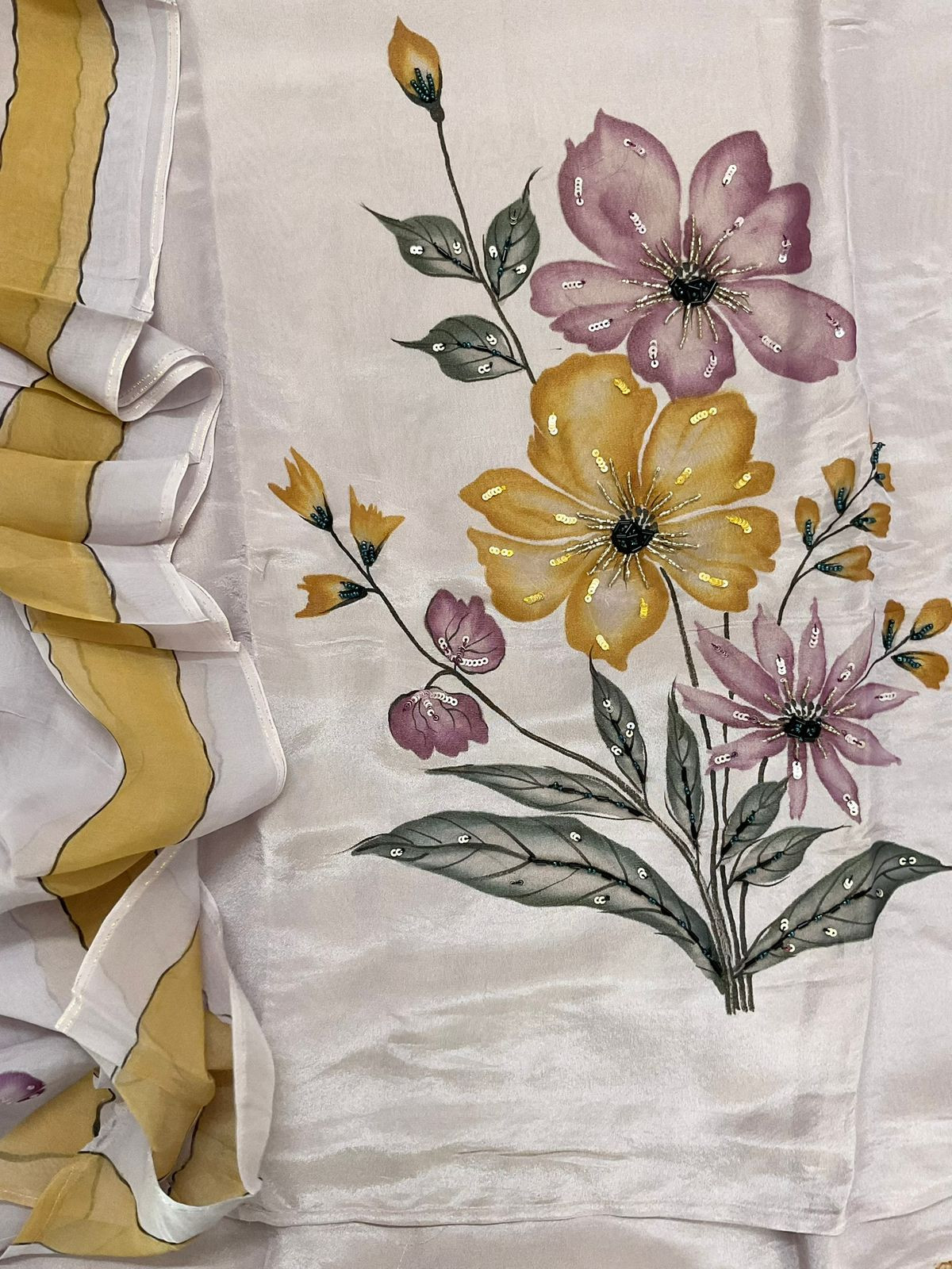 Pure Shimmer Silk Brush Painted Embroidered Suit - Lavender