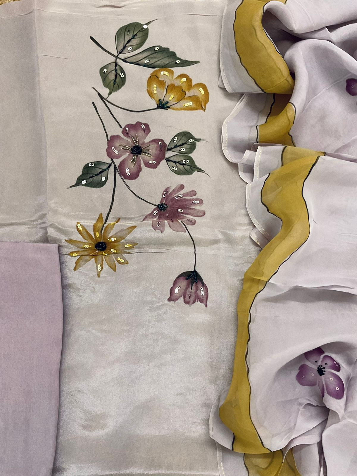 Pure Shimmer Silk Brush Painted Embroidered Suit - Lavender