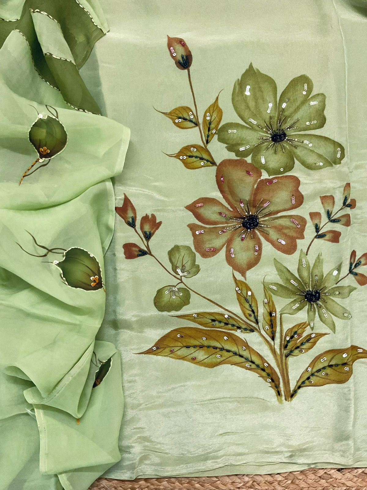 Pure Shimmer Silk Brush Painted Embroidered Suit - Green