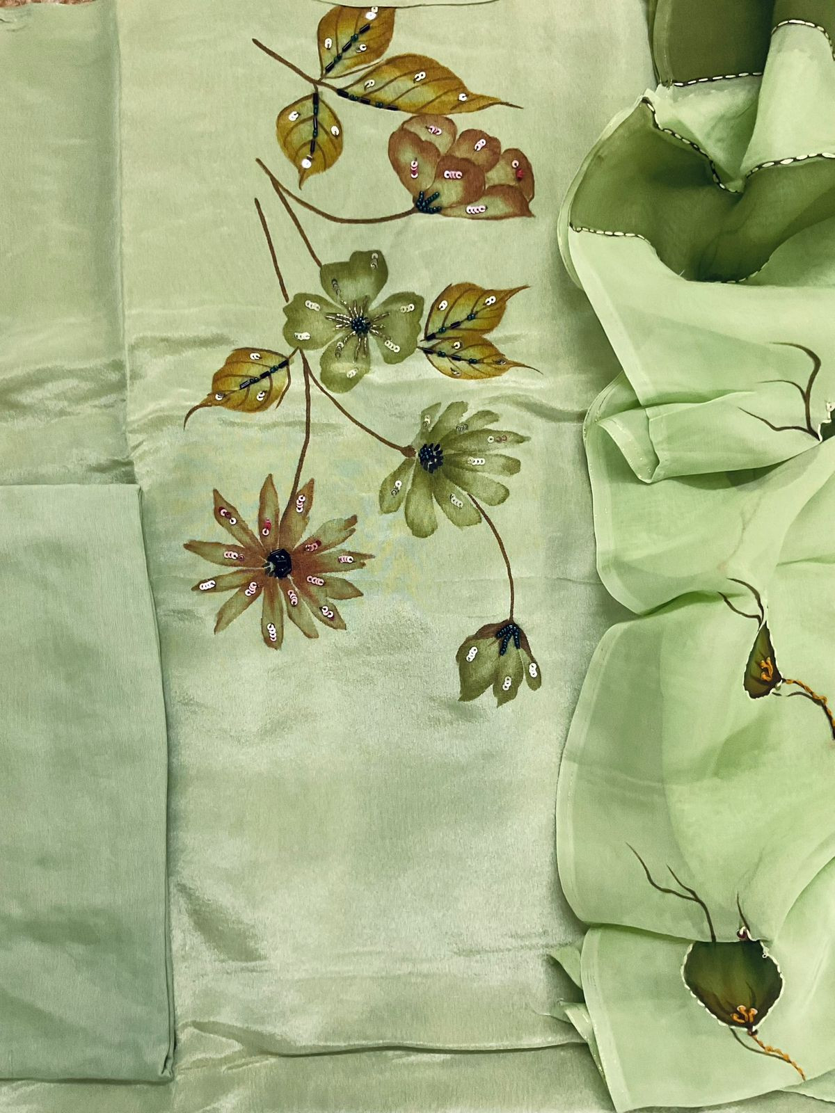 Pure Shimmer Silk Brush Painted Embroidered Suit - Green