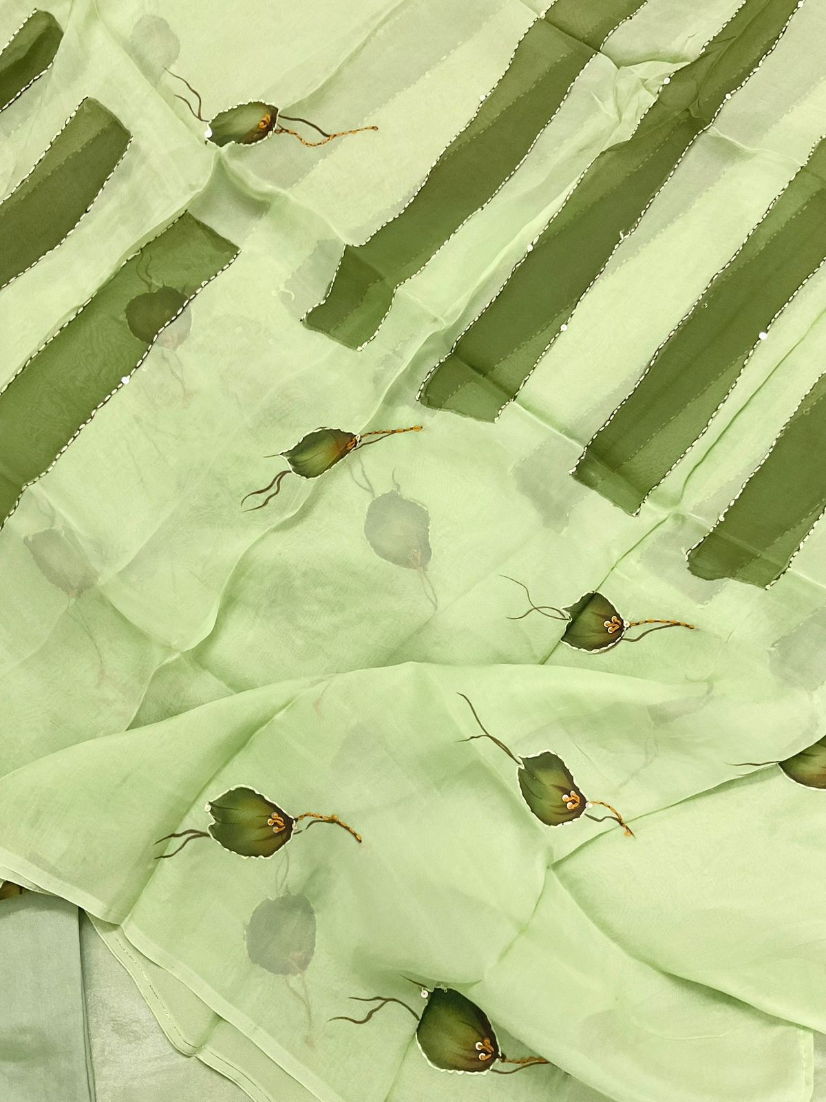 Pure Shimmer Silk Brush Painted Embroidered Suit - Green