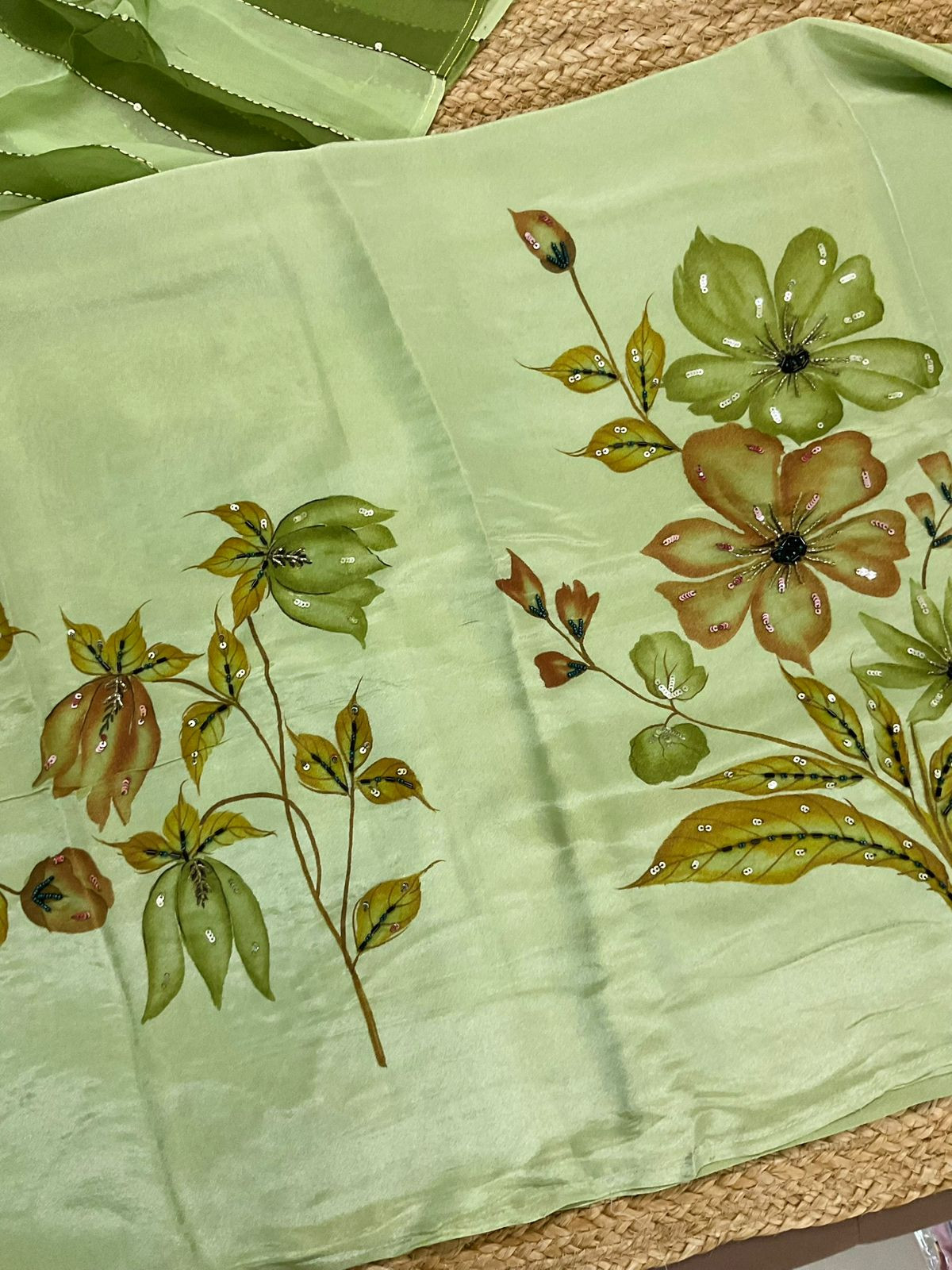 Pure Shimmer Silk Brush Painted Embroidered Suit - Green