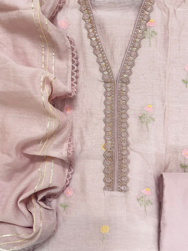 Image of Pure Mul Chanderi Embroidered Suit - Onion Pink