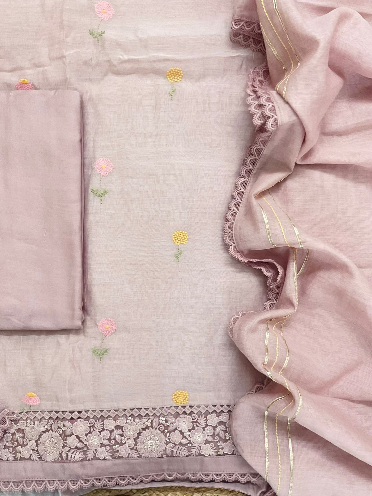 Pure Mul Chanderi Embroidered Suit - Onion Pink