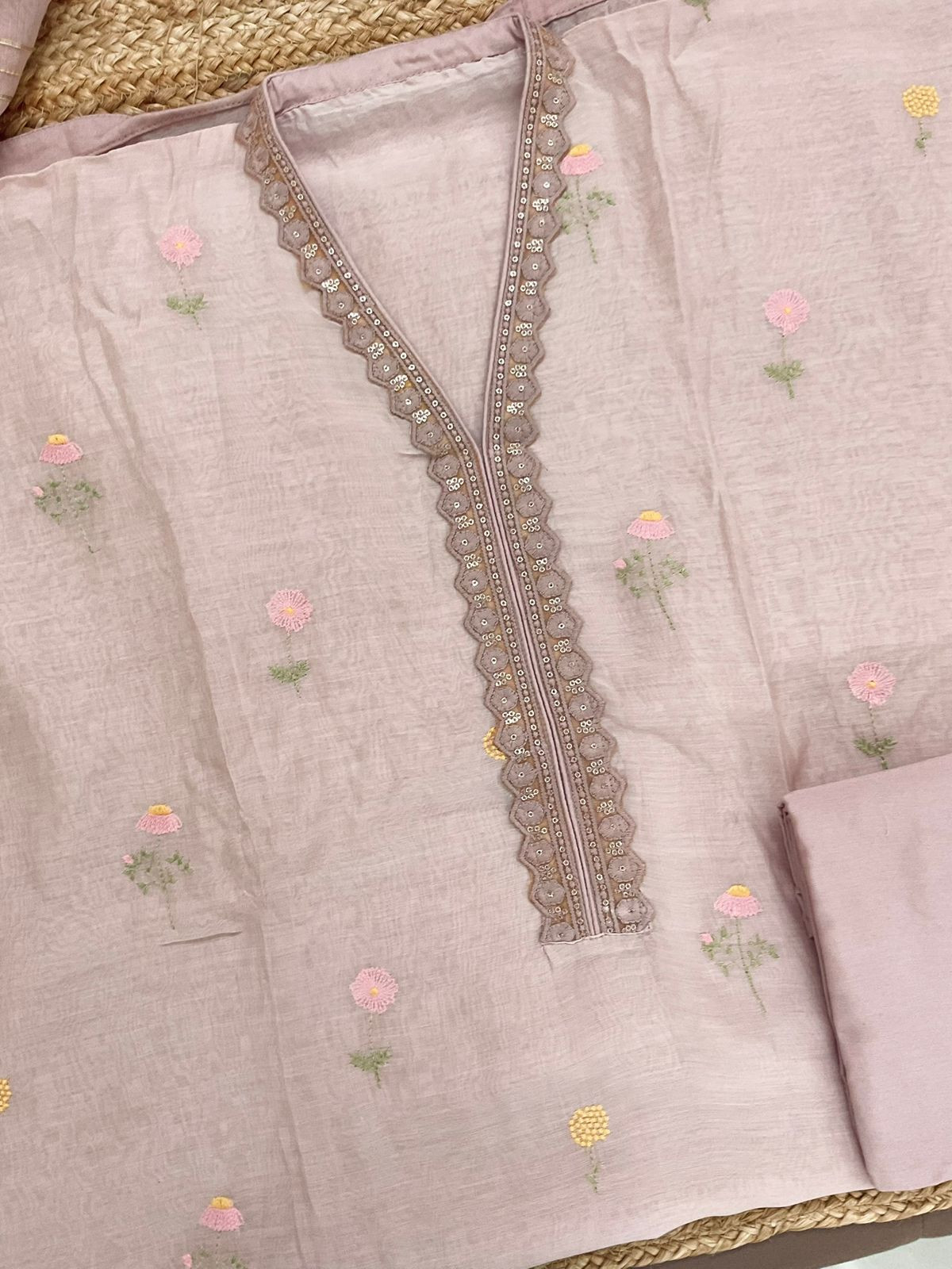 Pure Mul Chanderi Embroidered Suit - Onion Pink