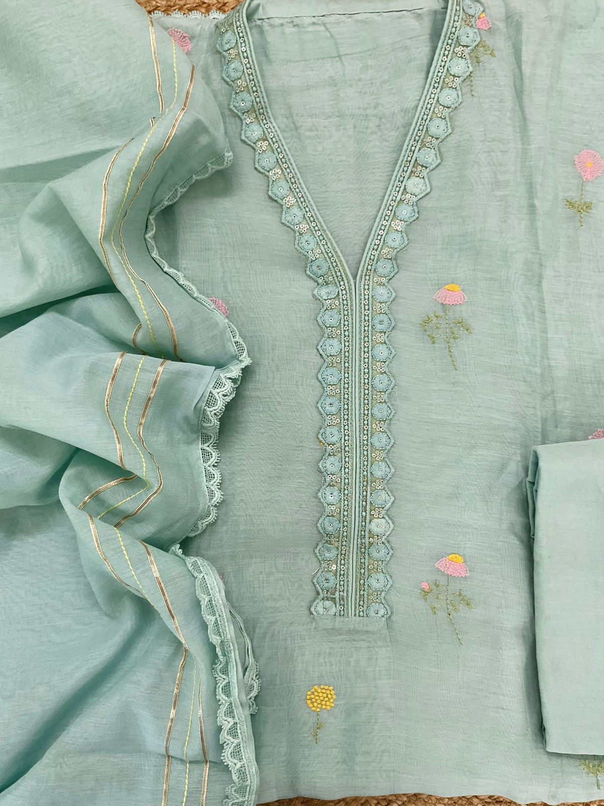 Pure Mul Chanderi Embroidered Suit - Sea Green