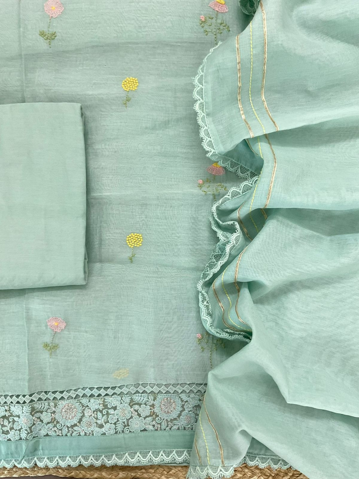 Pure Mul Chanderi Embroidered Suit - Sea Green
