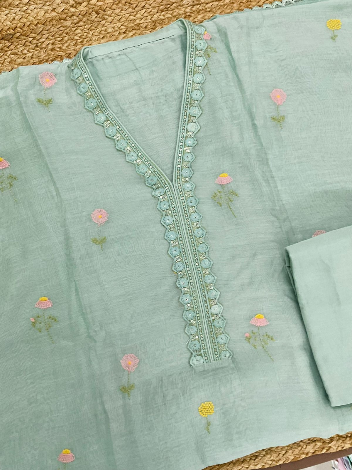Pure Mul Chanderi Embroidered Suit - Sea Green