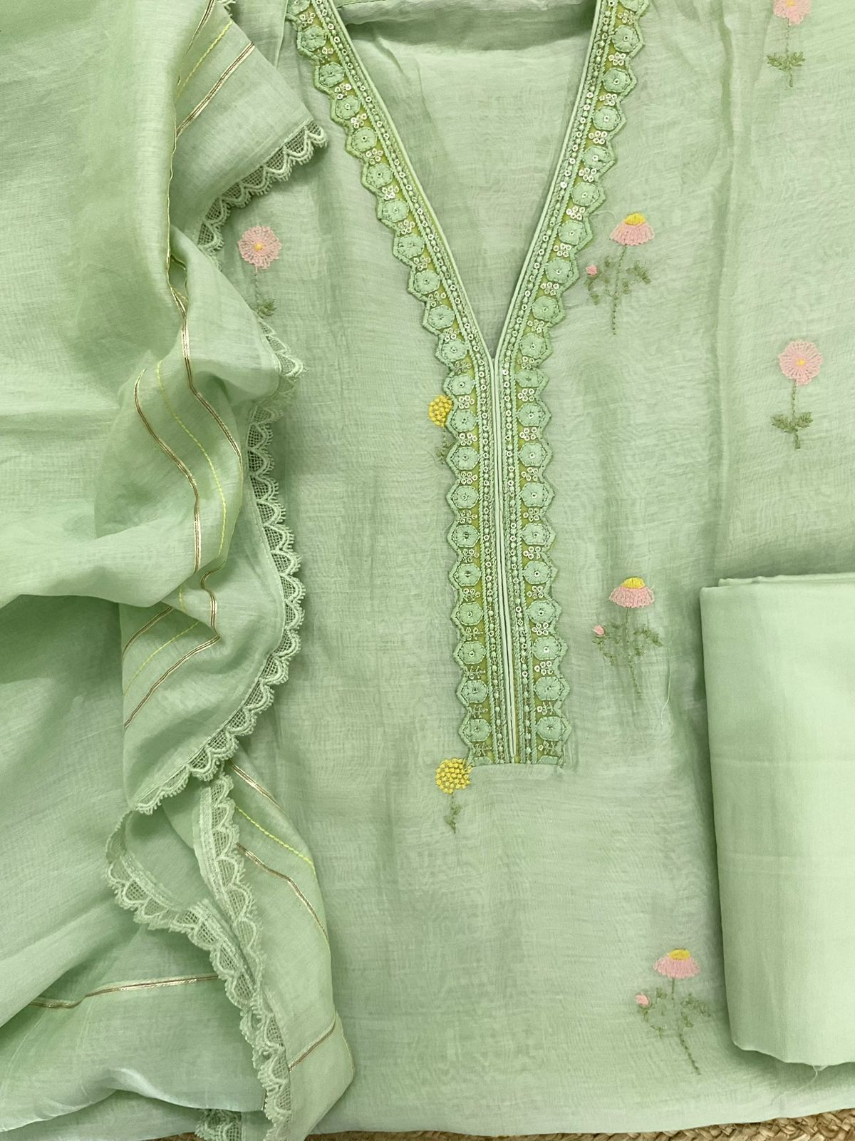 Pure Mul Chanderi Embroidered Suit - Green