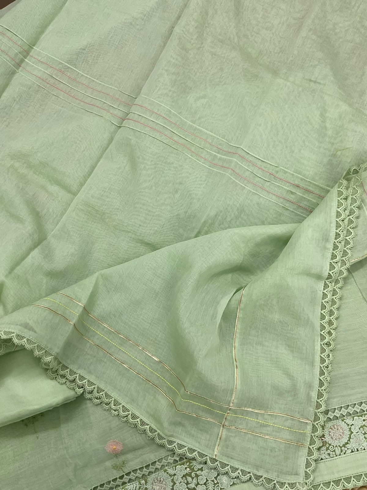 Pure Mul Chanderi Embroidered Suit - Green