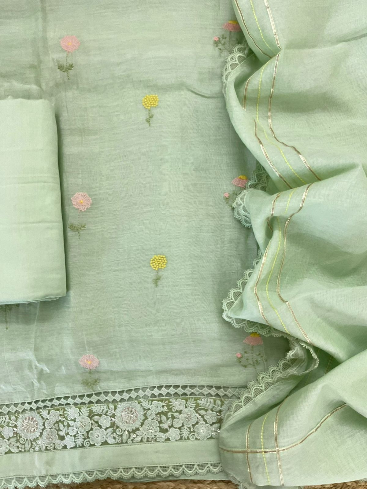 Pure Mul Chanderi Embroidered Suit - Green