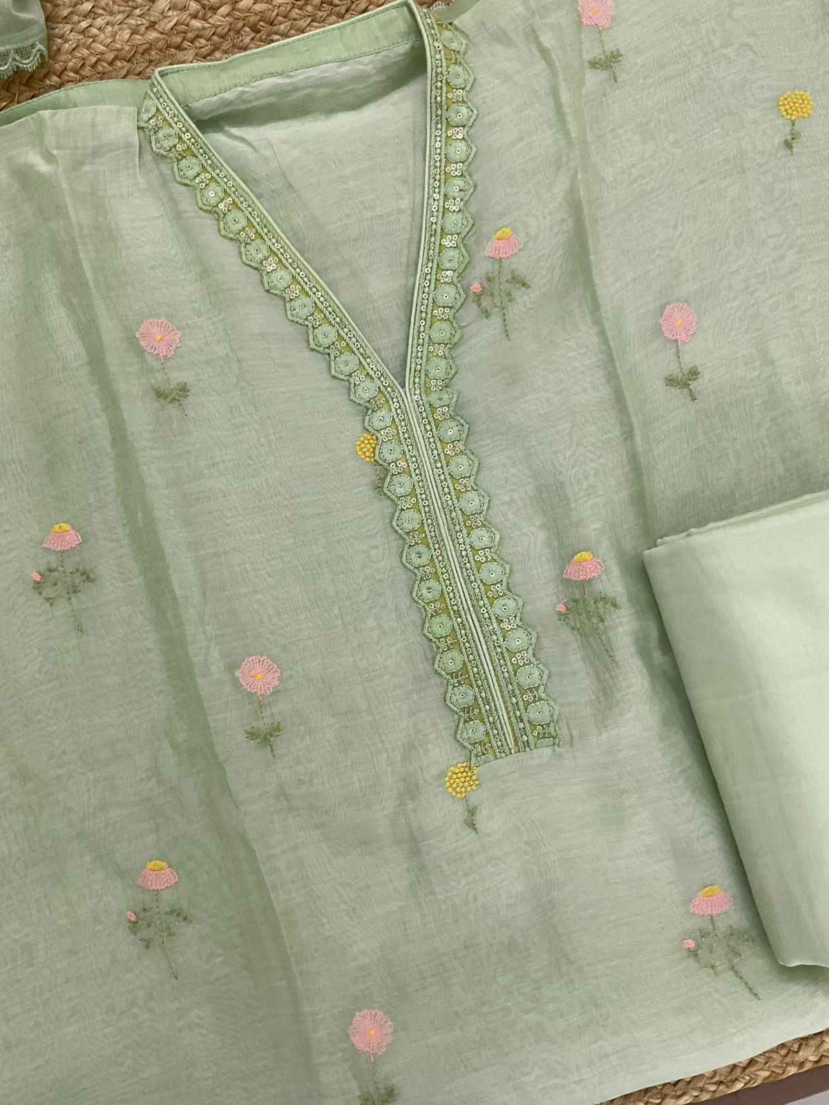 Pure Mul Chanderi Embroidered Suit - Green