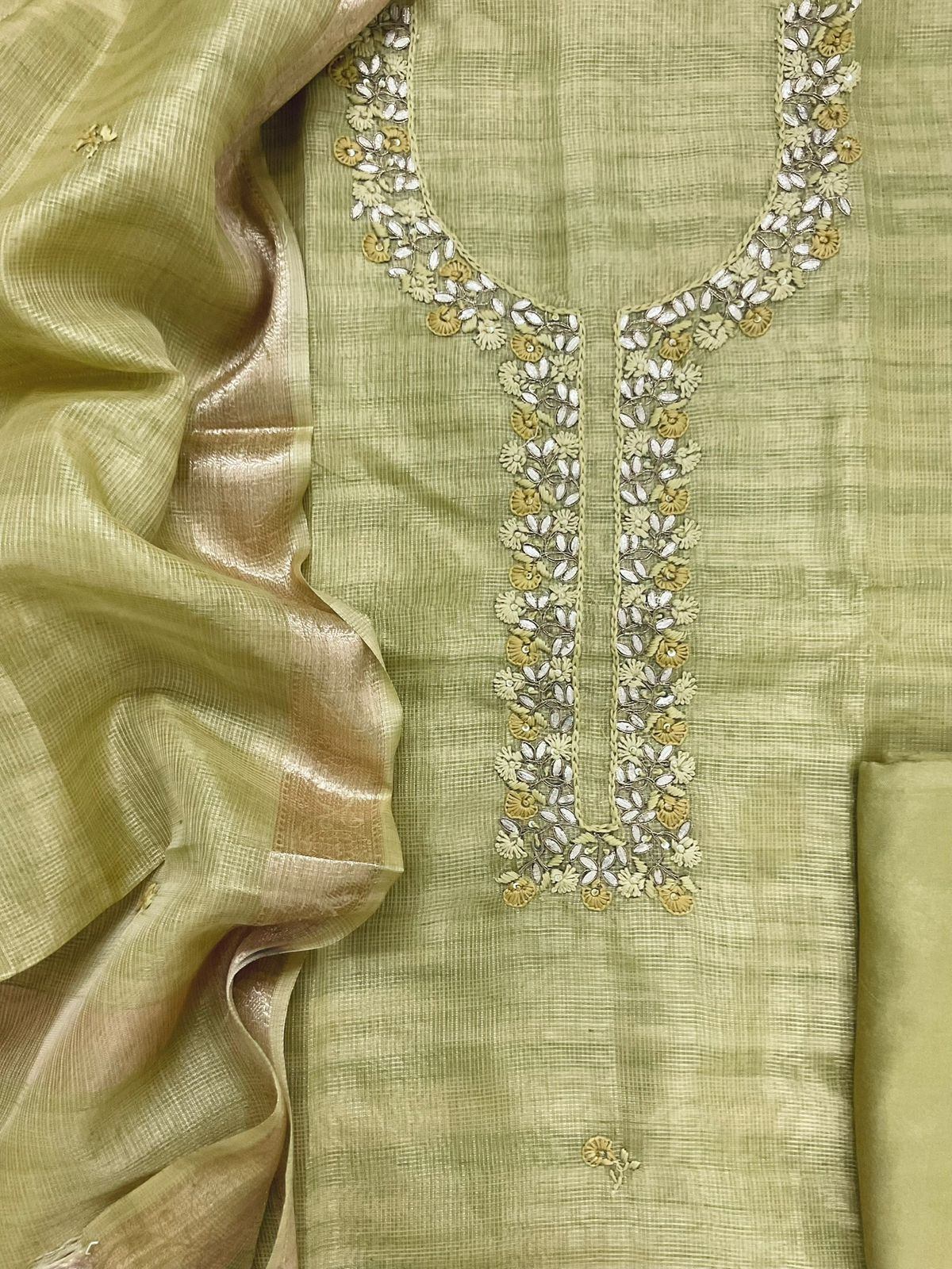 Soft Tissue Kota Silk Embroidered Suit - Green