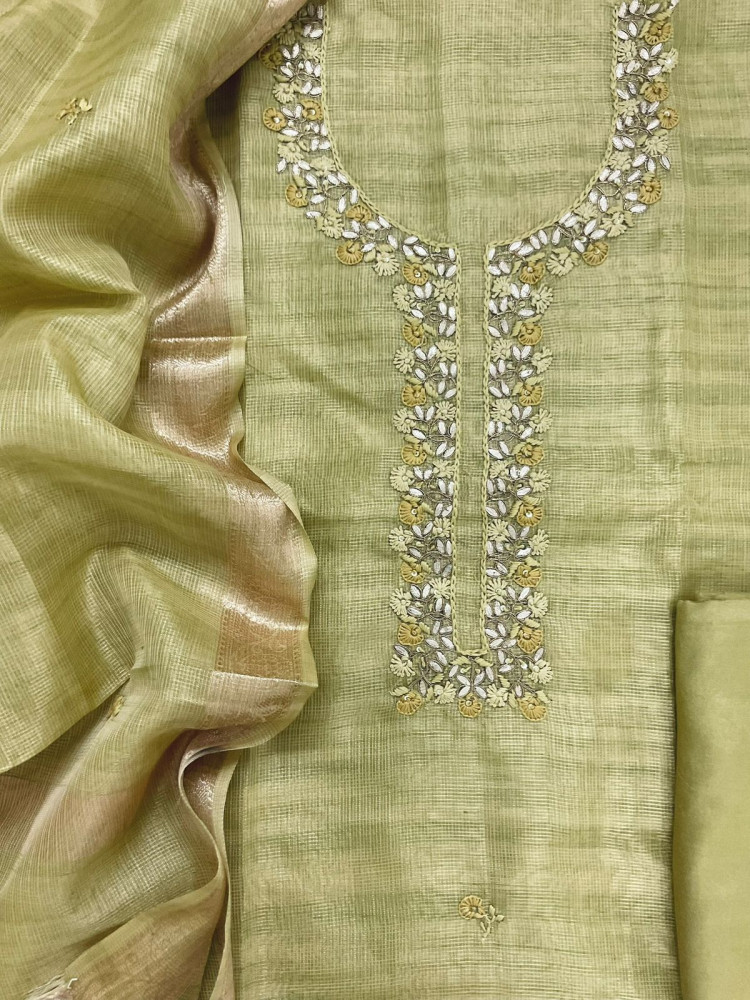 Image of Soft Tissue Kota Silk Embroidered Suit - Green