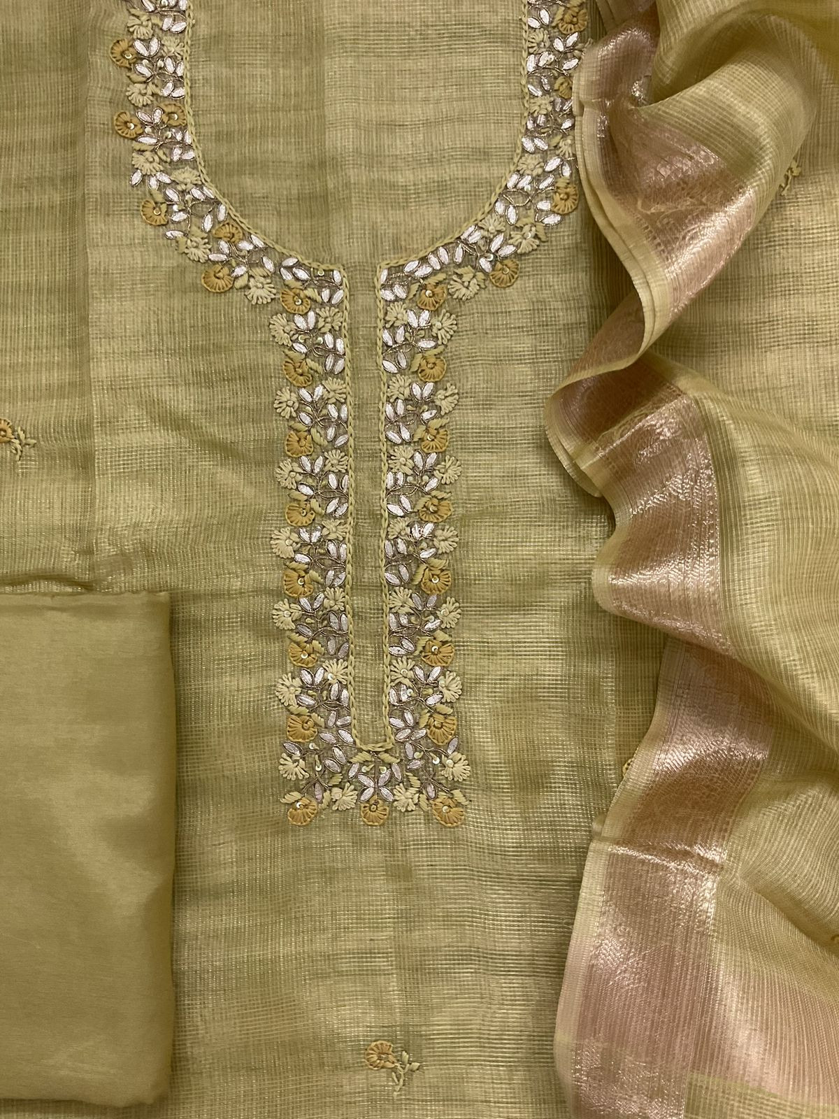 Soft Tissue Kota Silk Embroidered Suit - Green