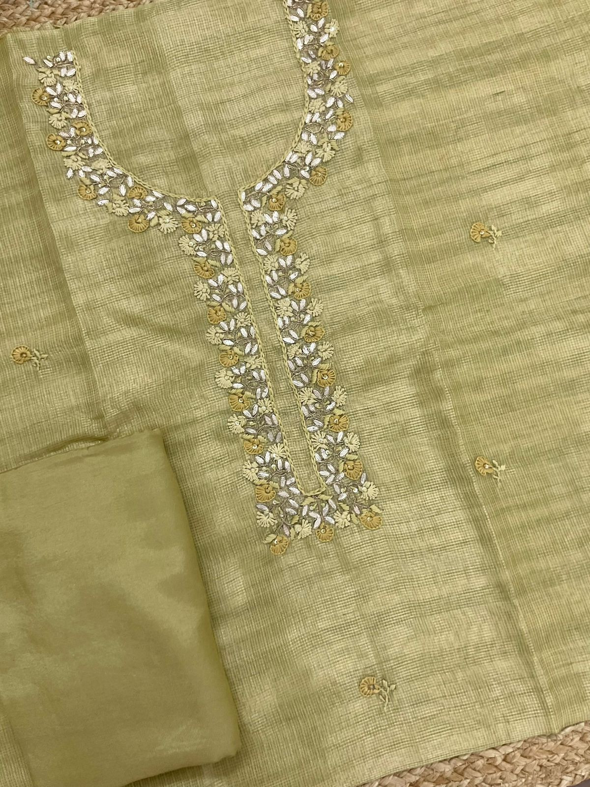 Soft Tissue Kota Silk Embroidered Suit - Green