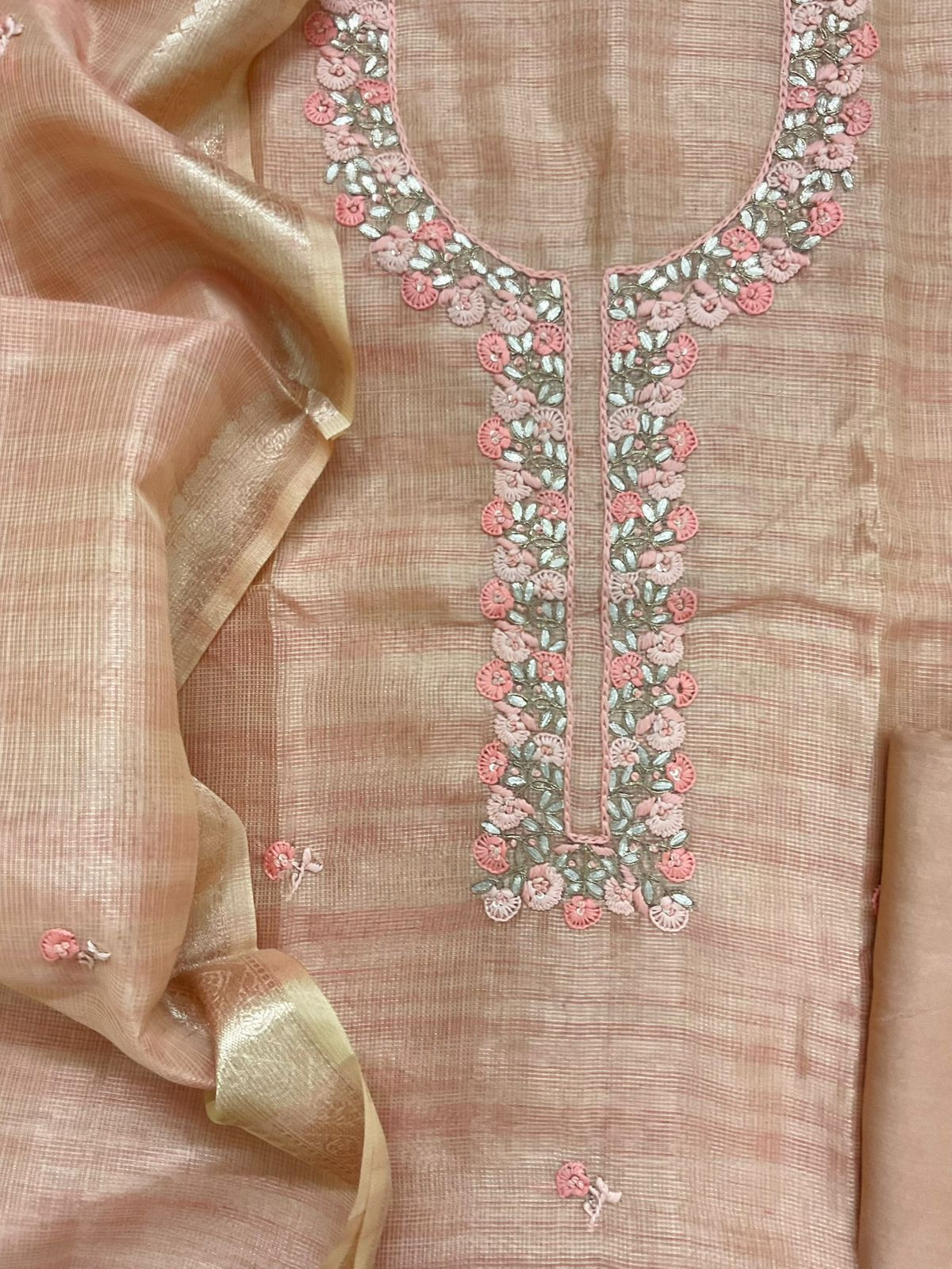 Soft Tissue Kota Silk Embroidered Suit - Peach