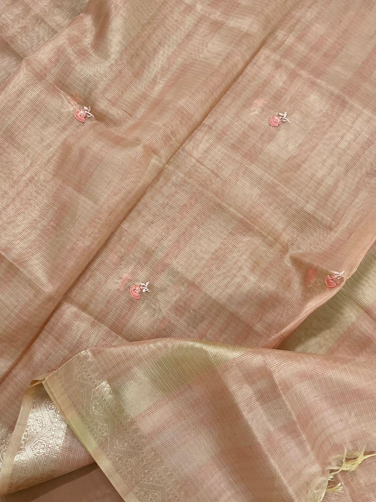 Soft Tissue Kota Silk Embroidered Suit - Peach