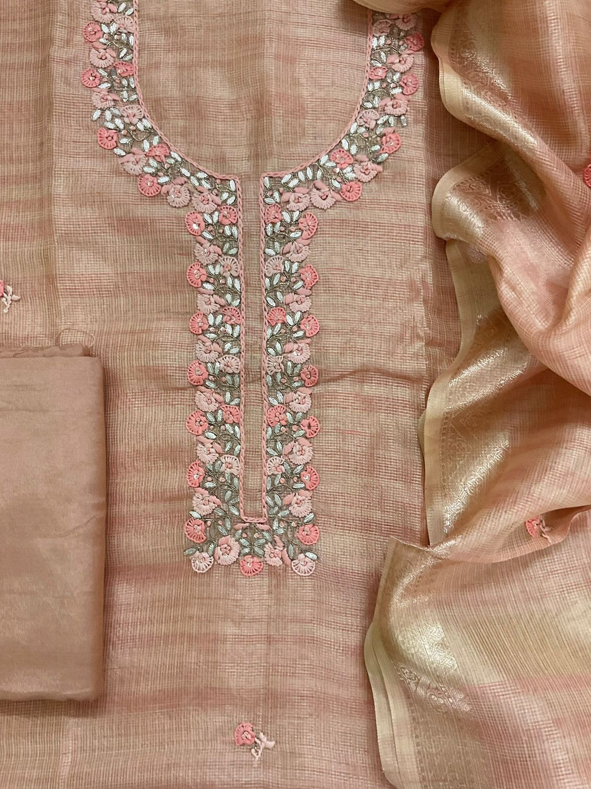 Soft Tissue Kota Silk Embroidered Suit - Peach