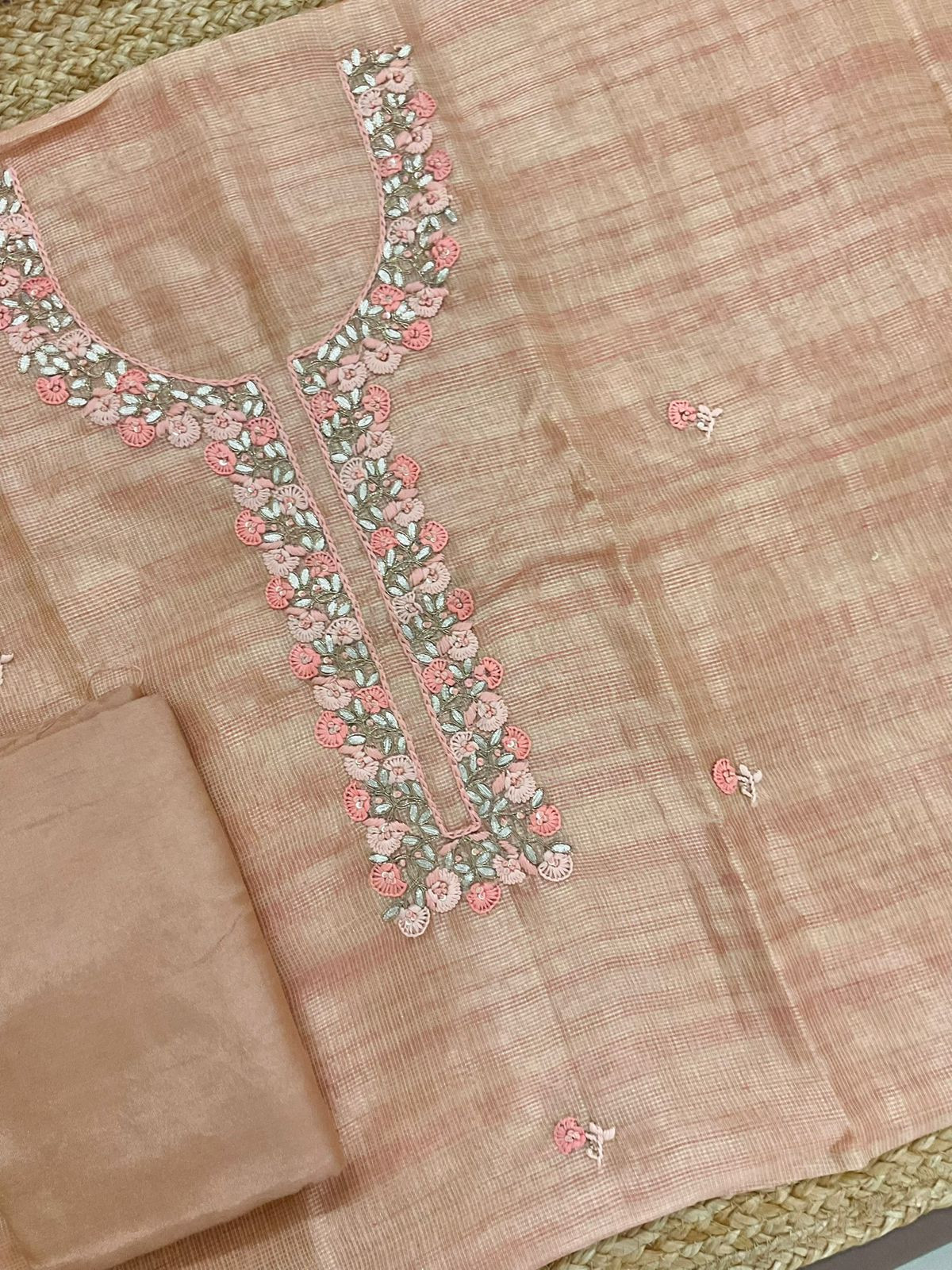 Soft Tissue Kota Silk Embroidered Suit - Peach