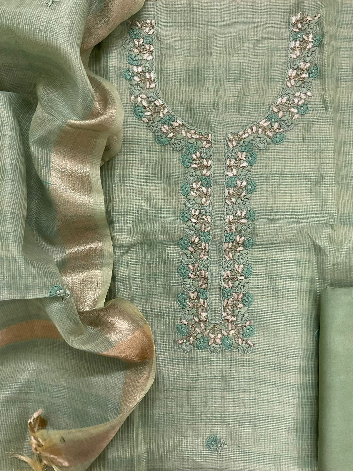 Soft Tissue Kota Silk Embroidered Suit - Green