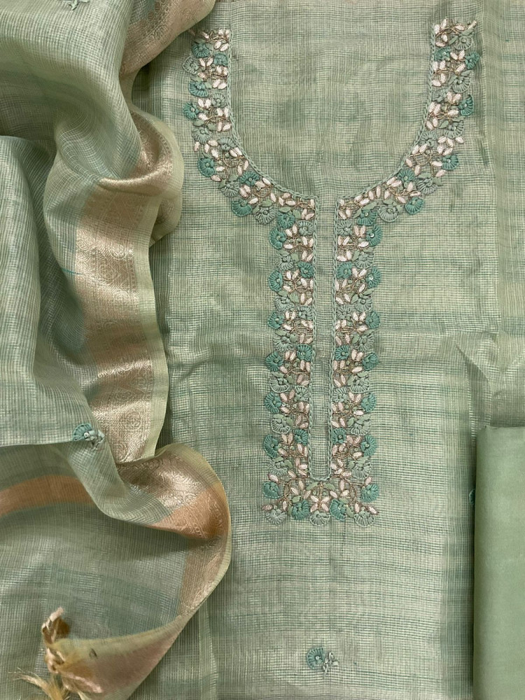 Image of Soft Tissue Kota Silk Embroidered Suit - Green