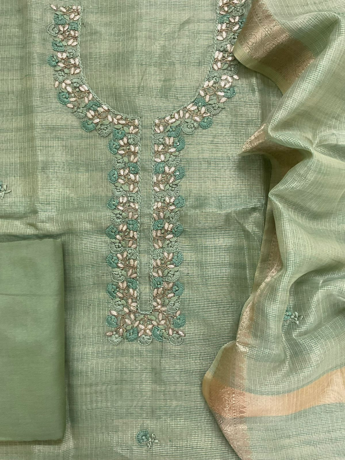 Soft Tissue Kota Silk Embroidered Suit - Green