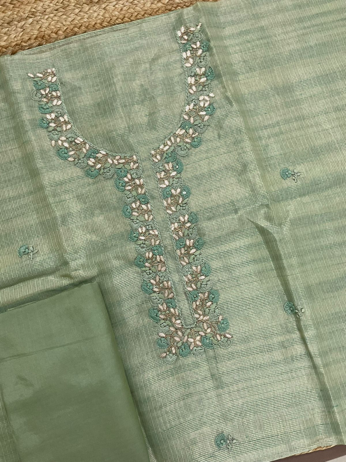 Soft Tissue Kota Silk Embroidered Suit - Green