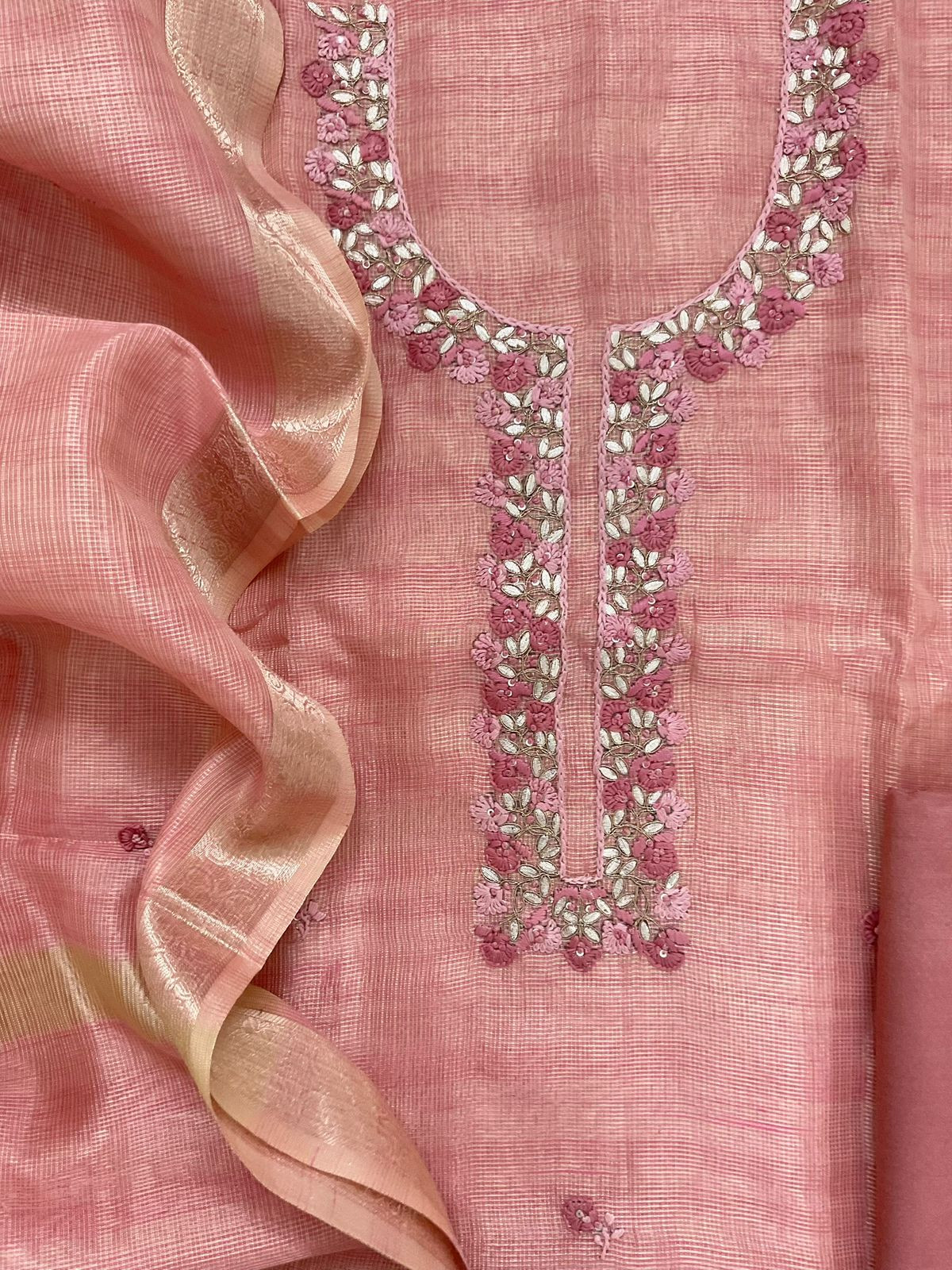 Soft Tissue Kota Silk Embroidered Suit - Pink