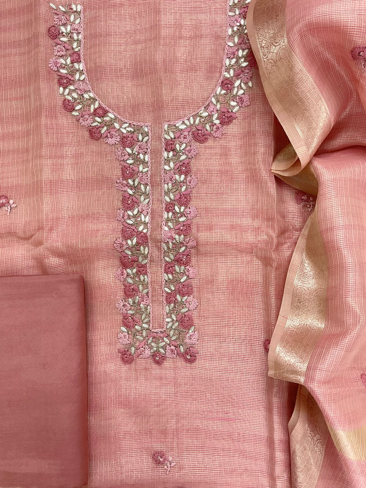 Soft Tissue Kota Silk Embroidered Suit - Pink