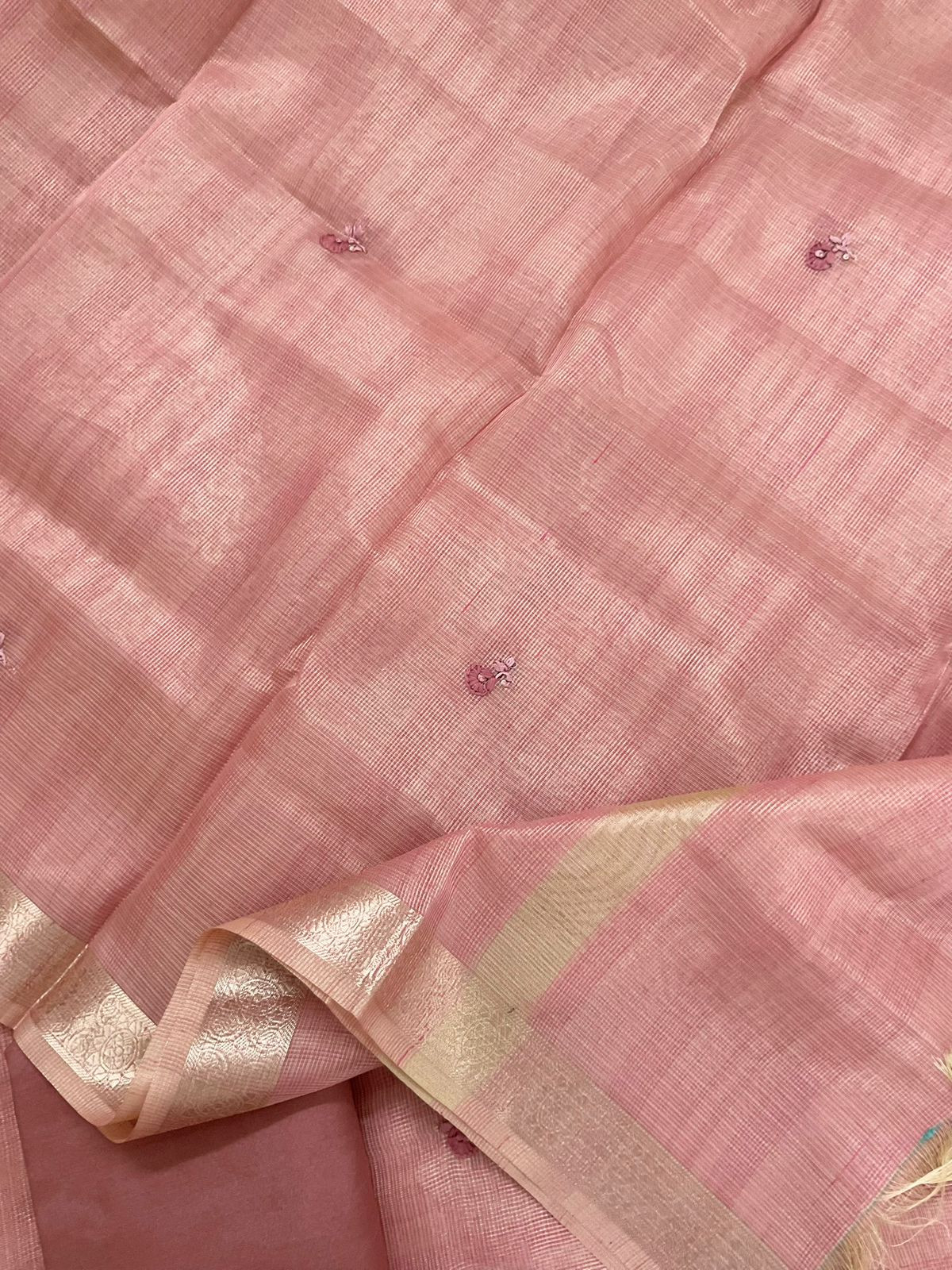 Soft Tissue Kota Silk Embroidered Suit - Pink