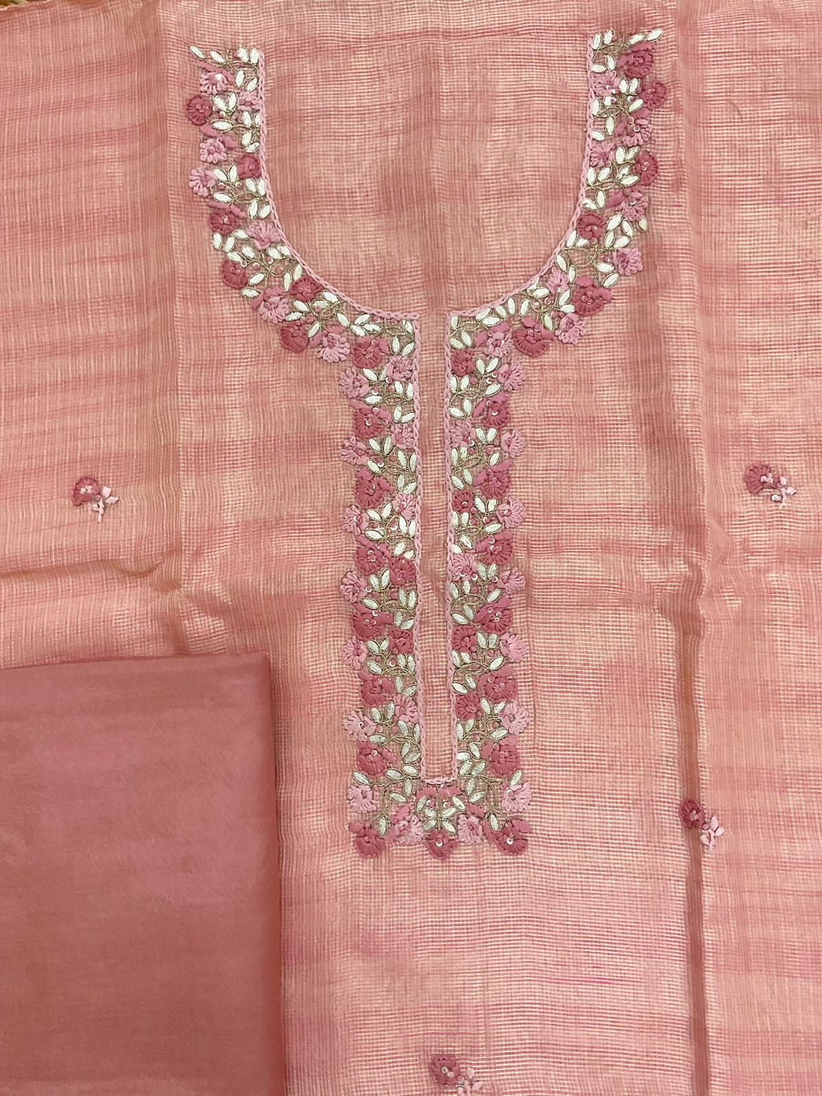 Soft Tissue Kota Silk Embroidered Suit - Pink