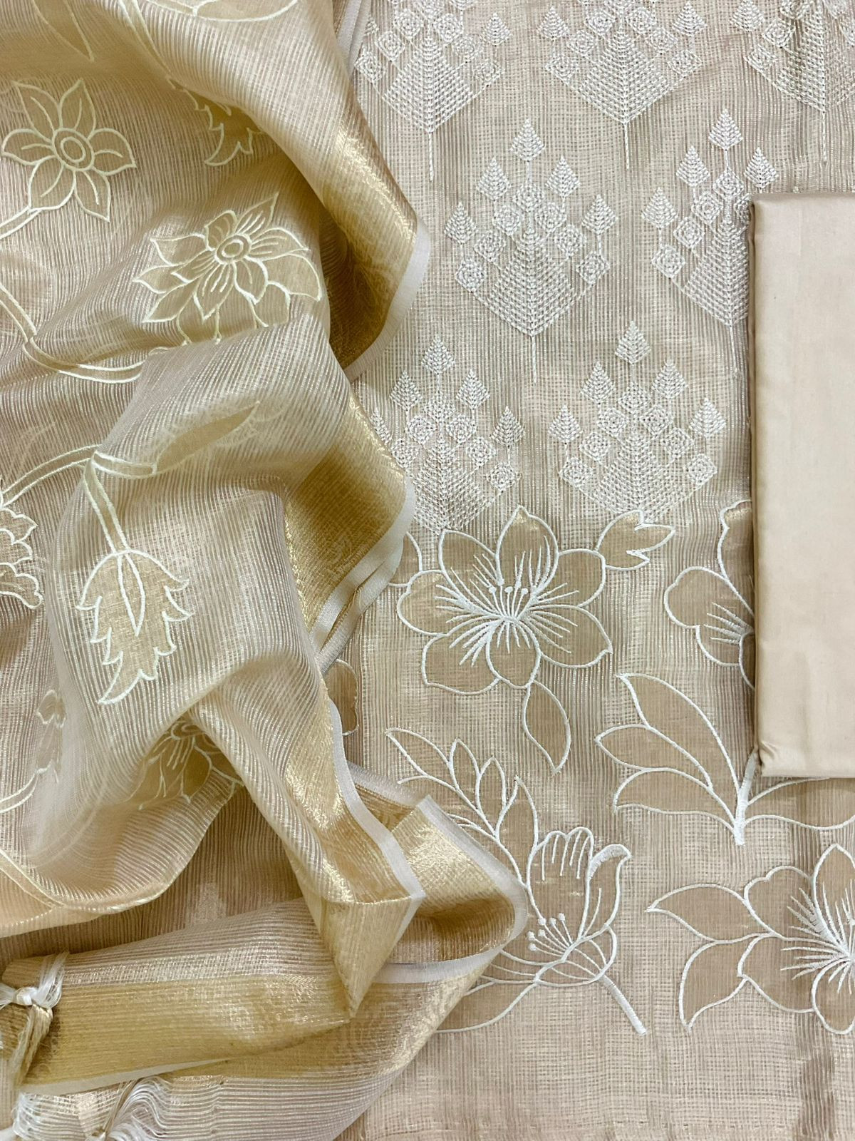 Soft Tissue Kota Silk Embroidered Suit - Beige